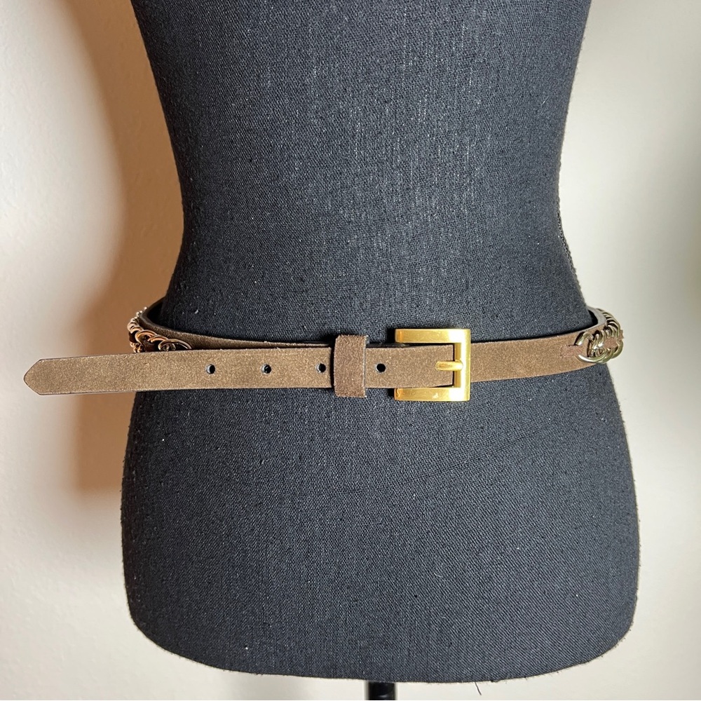 Women’s Dark Brown Suede Gold Chain Link Belt with Gold Tone Buckle Med/Large